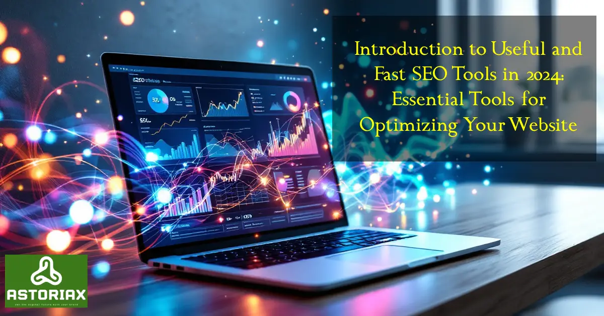 "A laptop on a desk with an SEO analysis dashboard and colorful charts; symbolizing the introduction of useful and fast tools for website optimization."